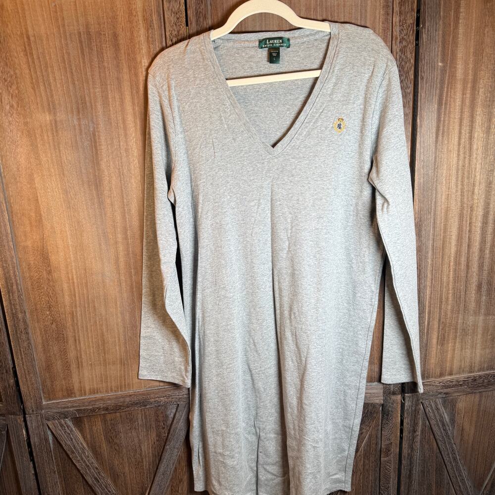 Lauren Ralph Lauren Gray V Neck Knit Sleep Dress Nightgown Womens Large
